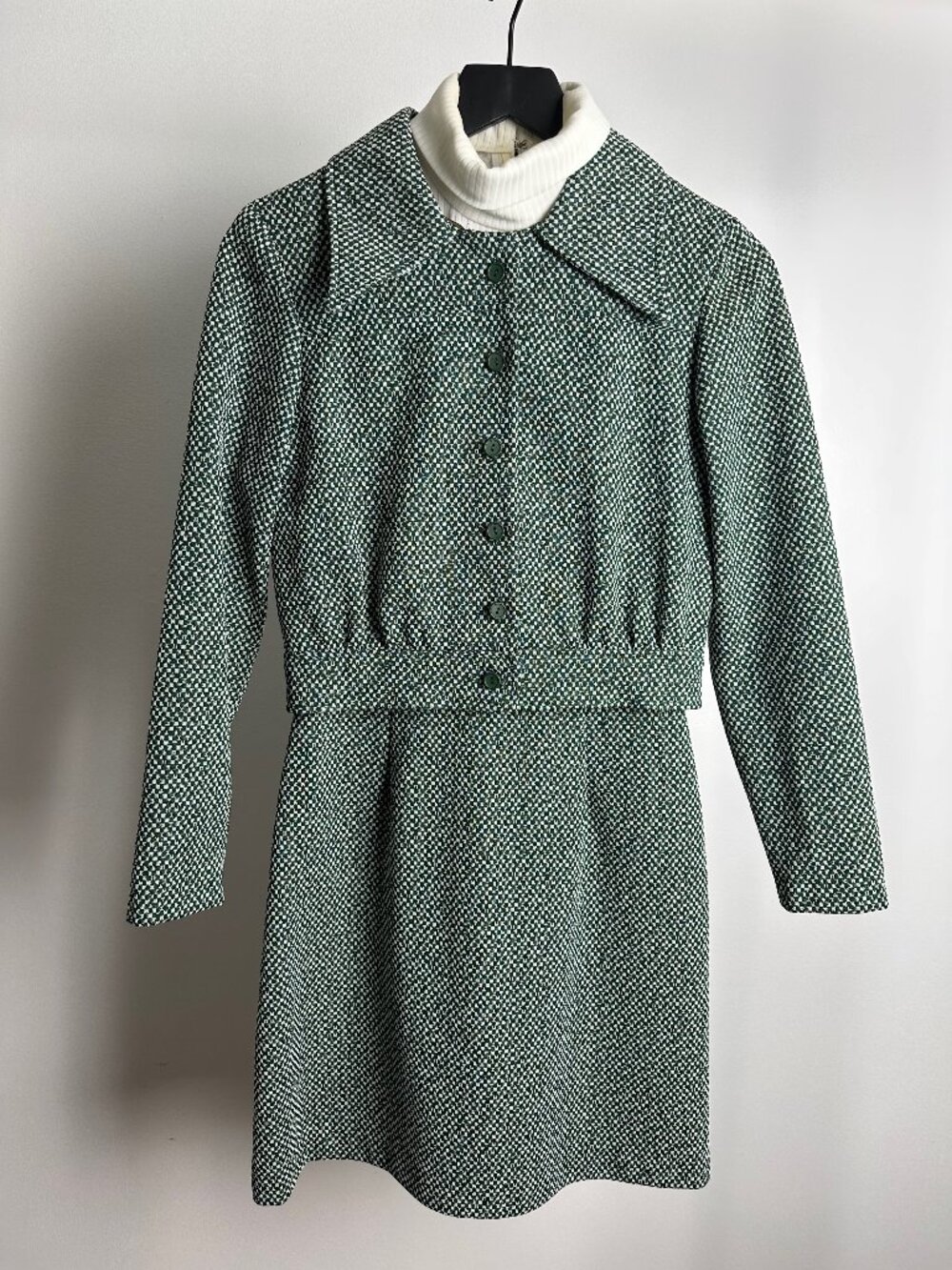 Vintage 60s 70s Mod Green Tweed Dress & Cropped Jacket Set